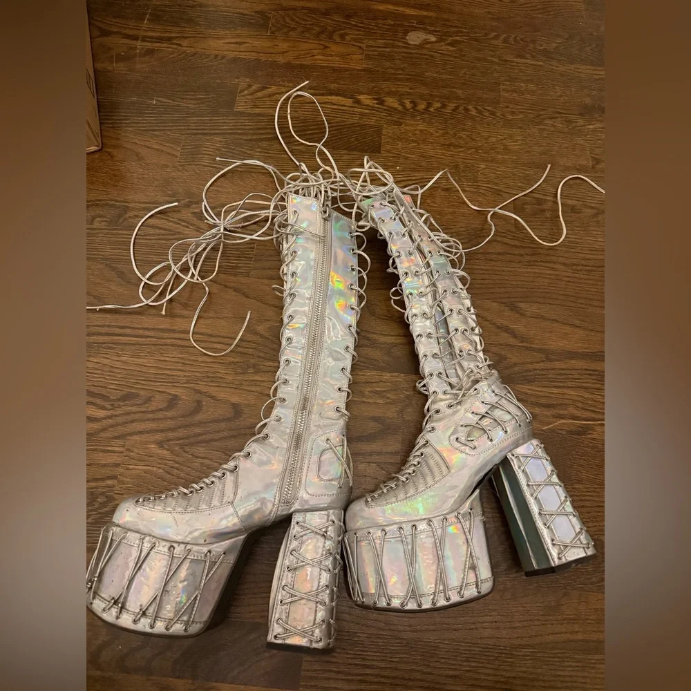 Dolls Kill Club Exx Moonlight Rude Awakening Holographic Platform Boots size 7M - Picture 2 of 4